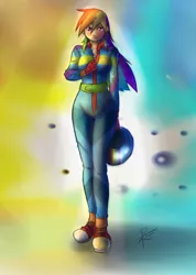 Size: 1634x2301 | Tagged: artist:leadhooves, clothes, converse, derpibooru import, human, humanized, jumpsuit, racing suit, rainbow dash, safe, shoes, sneakers, solo, unzipping