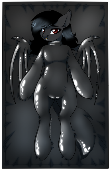 Size: 900x1400 | Tagged: questionable, artist:rainbowdrools, derpibooru import, oc, oc:qetesh, unofficial characters only, bat pony, pony, bondage, cameltoe, latex, solo, vacuum bed