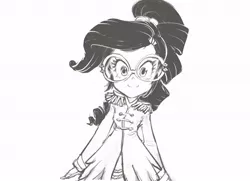 Size: 600x434 | Tagged: safe, artist:conoghi, derpibooru import, rarity, equestria girls, friendship through the ages, glasses, monochrome, sgt. rarity, solo