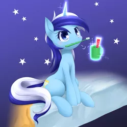 Size: 1021x1025 | Tagged: artist:hashioaryut, derpibooru import, magic, minuette, mouth hold, safe, solo, toothbrush