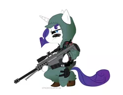 Size: 1650x1275 | Tagged: safe, artist:astralbeast, derpibooru import, rarity, pony, semi-anthro, unicorn, female, gun, hooves, horn, m107, mare, optical sight, rifle, simple background, sniper, sniper rifle, solo, weapon, white background