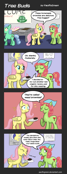 Size: 730x1900 | Tagged: artist:pacificgreen, bait and switch, brownies, comic, comic:tree buds, derpibooru import, fluttershy, food, pun, safe, tree hugger
