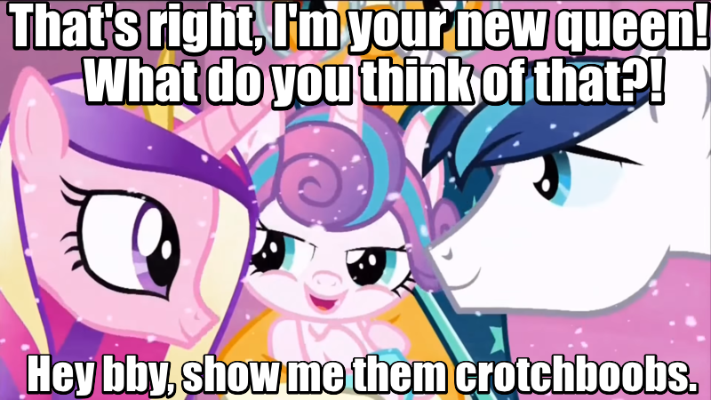 Size: 800x450 | Tagged: bby, bedroom eyes, caption, derpibooru import, edit, edited screencap, image macro, meme, princess cadance, princess flurry heart, reference, screencap, shining armor, smiling, suggestive, sunburst, the critic, the crystalling