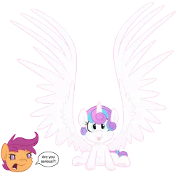 Size: 1336x1301 | Tagged: dead source, safe, artist:jittery-the-dragon, derpibooru import, princess flurry heart, scootaloo, the crystalling, dialogue, flurry heart vs scootaloo, large wings, simple background, spread wings, tongue out, transparent background, wing envy