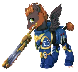Size: 917x848 | Tagged: safe, artist:c-puff, derpibooru import, oc, unofficial characters only, pony, armor, chainsword, male, mouth hold, power armor, powered exoskeleton, purity seal, solo, space marine, stallion, ultramarine, warhammer (game), warhammer 40k