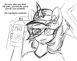 Size: 1140x895 | Tagged: safe, anonymous artist, derpibooru import, oc, oc:floral shoppe, unofficial characters only, anthro, unicorn, black and white, fiji water, grayscale, meme, monochrome, reference, solo, vaporwave