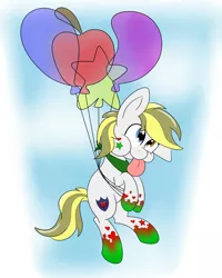 Size: 2400x3000 | Tagged: safe, artist:theartistsora, derpibooru import, oc, oc:snowy sprinkles, unofficial characters only, pony, balloon, commission, cute, silly, silly pony, solo, tongue out