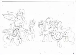 Size: 1024x745 | Tagged: safe, artist:twixyamber, derpibooru import, applejack, fluttershy, pinkie pie, rainbow dash, rarity, starlight glimmer, twilight sparkle, twilight sparkle (alicorn), alicorn, pony, female, mane six, mare, monochrome, sketch