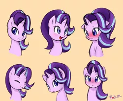 Size: 4928x4052 | Tagged: safe, artist:potzm, derpibooru import, starlight glimmer, pony, unicorn, the crystalling, :o, :p, absurd resolution, blushing, blushing profusely, bust, colored pupils, confused, cross-eyed, cute, doodle, expressions, eyes closed, female, floppy ears, frown, glimmerbetes, happy, head tilt, looking at you, looking down, mare, multeity, open mouth, shy, silly, simple background, smiling, solo, tongue out, yellow background