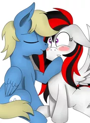 Size: 1280x1760 | Tagged: safe, artist:theartistsora, derpibooru import, oc, oc:synthis, oc:thedoctorsora, unofficial characters only, pegasus, pony, female, kissing, male, shipping, straight, synsora