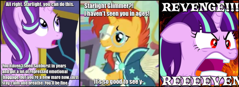 Size: 1172x426 | Tagged: safe, derpibooru import, edit, screencap, starlight glimmer, sunburst, the crystalling, alternate ending, angry, bad end, comic, fire, gilligan cut, image macro, implied abuse, meme, monty python, needs more jpeg, peptalk, ragelight glimmer, red eyes take warning, reunion, revenge, screaming, sunburst abuse, this will end in death, this will end in gulag