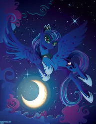 Size: 2550x3300 | Tagged: safe, artist:andypriceart, artist:vintniv, derpibooru import, princess luna, alicorn, pony, cloud, crescent moon, crown, cute, digital art, eyelashes, eyeshadow, female, flying, high res, hoof shoes, horn, jewelry, lidded eyes, looking at you, lunabetes, majestic, makeup, mare, moon, night, night sky, peytral, regalia, sky, smiling, solo, spread wings, stars, sweet dreams fuel, transparent moon, vector, wing fluff, wings