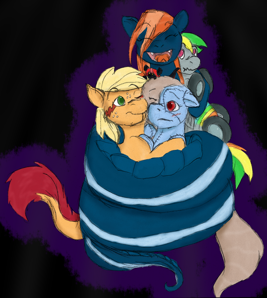 Size: 2280x2544 | Tagged: alp-luachra, applejack, artist:wesleyfoxx, badumsquish approved, coiling, coils, cuddling, derpibooru import, lamia, monster pony, oc, oc:cuddlhu, oc:kalianne, oc:mave, oc:wheely bopper, open mouth, original species, safe, scrunchy face, snuggling, species swap, tatzljack, tatzlpony, wheelpone