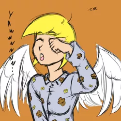 Size: 1000x1000 | Tagged: artist:ixalon, artist:x-cross, clothes, colored, color edit, derpibooru import, derpy hooves, edit, human, humanized, pajamas, safe, sleepy, solo, winged humanization, yawn