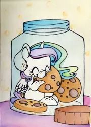 Size: 1983x2776 | Tagged: artist:cutepencilcase, cookie, cookie jar, cookie jar pony, crumbs, cute, cutelestia, derpibooru import, eyes closed, food, micro, pony in a bottle, princess celestia, safe, solo, tail bow, traditional art