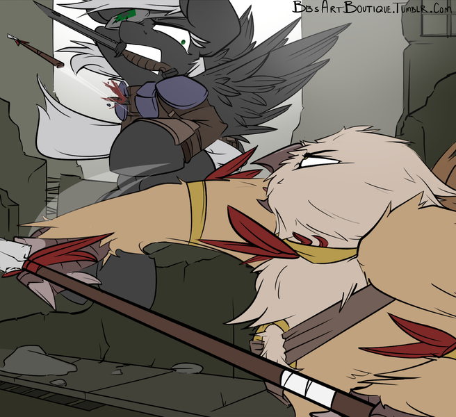 Size: 1150x1052 | Tagged: semi-grimdark, artist:bbsartboutique, derpibooru import, oc, oc:proverb, oc:second sun, unofficial characters only, gryphon, pegasus, pony, fallout equestria, blood, clothes, diablo canyon, fallout, fight, knife, spear, weapon