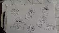 Size: 1280x720 | Tagged: safe, artist:tjpones, derpibooru import, oc, oc:brownie bun, oc:hose wife, unofficial characters only, earth pony, pony, horse wife, black and white, braces, clothes, coffee, doodle, ear fluff, eyes closed, female, food, grayscale, hoof hold, lineart, loose hair, magazine, mare, monochrome, scarf, sitting, tired, traditional art