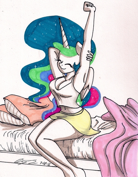 Size: 1382x1781 | Tagged: anthro, armpits, artist:newyorkx3, bed, breasts, cleavage, clothes, derpibooru import, eyes closed, female, plantigrade anthro, princess celestia, smiling, solo, stretching, suggestive, traditional art