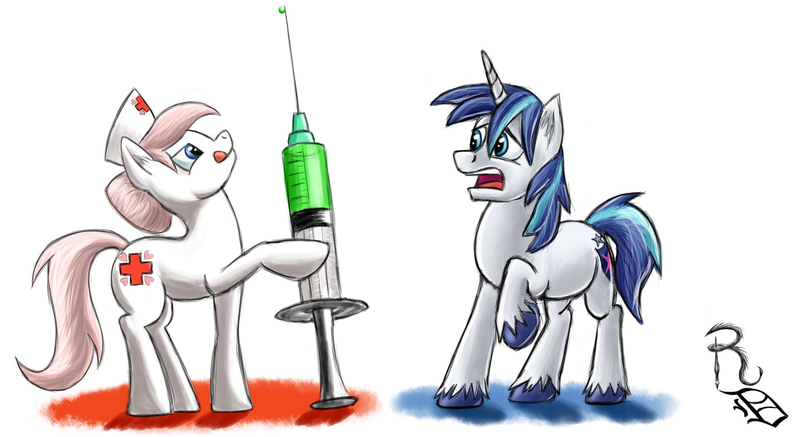 Size: 1830x1000 | Tagged: artist:ravenousdrake, derpibooru import, edit, giant syringe, nurse redheart, safe, shining armor, syringe, trypanophobia