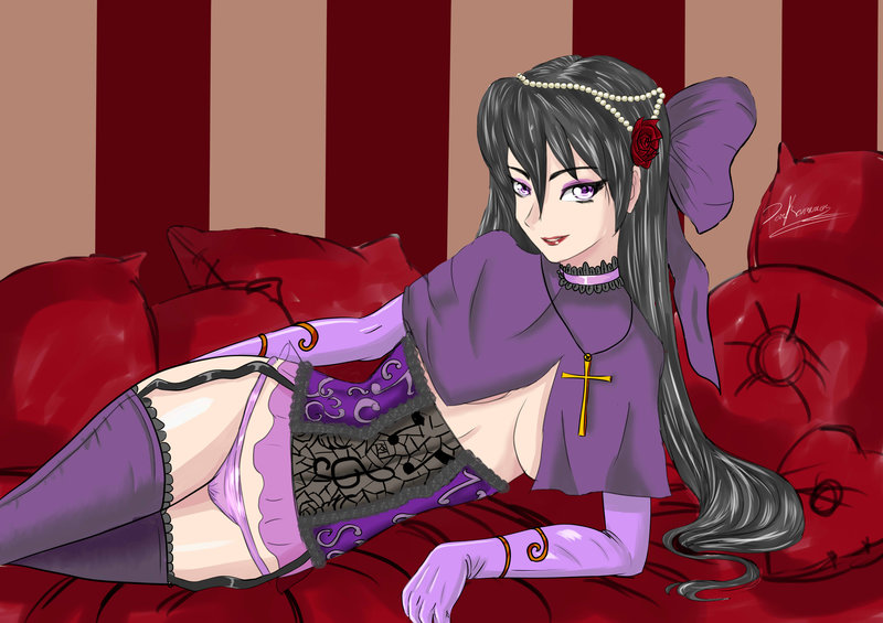 Size: 800x565 | Tagged: artist:barskavil, bedroom eyes, breasts, busty octavia, clothes, corset, cross, derpibooru import, draw me like one of your french girls, evening gloves, female, gloves, human, humanized, looking at you, octavia melody, panties, solo, solo female, suggestive, underwear