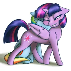 Size: 3120x3120 | Tagged: safe, artist:captainpudgemuffin, derpibooru import, rainbow dash, twilight sparkle, twilight sparkle (alicorn), alicorn, pony, bedroom eyes, behaving like a cat, blushing, captainpudgemuffin is trying to murder us, cute, dashabetes, female, floppy ears, fluffy, grin, lesbian, mare, nuzzling, shipping, sitting, smiling, snuggling, twiabetes, twidash, wink