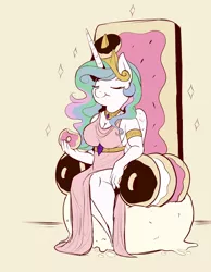 Size: 2000x2578 | Tagged: anthro, artist:evehly, bread, breasts, cleavage, derpibooru import, donut, donutlestia, eyes closed, female, food, pastry, princess celestia, safe, side slit, smiling, solo, throne