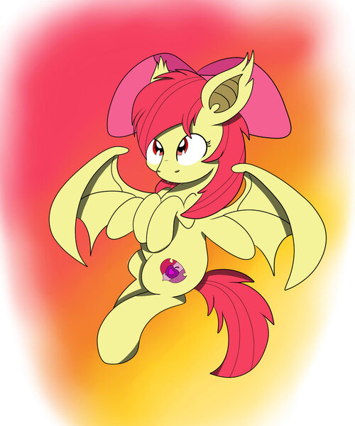 Size: 1024x1229 | Tagged: safe, artist:theartistsora, derpibooru import, apple bloom, bat pony, pony, bat ponified, bloombat, cutie mark, fangs, female, filly, race swap, red eyes, solo, the cmc's cutie marks