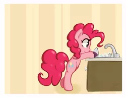 Size: 820x637 | Tagged: safe, artist:pinkiesheen, derpibooru import, pinkie pie, pony, bipedal, cute, diapinkes, dishwashing, solo