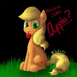 Size: 768x768 | Tagged: safe, artist:mizore43, derpibooru import, applejack, apple, cute, food, hatless, jackabetes, looking at you, missing accessory, mouth hold, sitting, solo