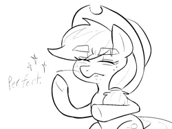 Size: 1000x750 | Tagged: safe, artist:^:3, derpibooru import, applejack, earth pony, pony, background pony, cowboy hat, eyebrows, eyebrows visible through hair, eyes closed, female, freckles, hat, lineart, mare, meme, monochrome, pacha, raised hoof, sleepy, solo, squint, straw in mouth, when x just right