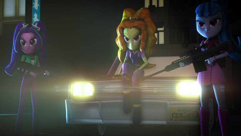 Size: 3840x2160 | Tagged: safe, artist:bastbrushie, derpibooru import, adagio dazzle, aria blaze, sonata dusk, equestria girls, 3d, amulet, boots, building, car, clothes, female, fingerless gloves, gem, gloves, gun, necklace, optical sight, pants, rifle, siren gem, sitting, skirt, sniper rifle, socks, solo, source filmmaker, spikes, the dazzlings, vehicle, weapon