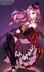 Size: 1636x2648 | Tagged: artist:fluffydus, clothes, derpibooru import, dress, evening gloves, fluttershy, gloves, hat, human, humanized, latex, necktie, night, plushie, safe, socks, solo, stars, thigh highs