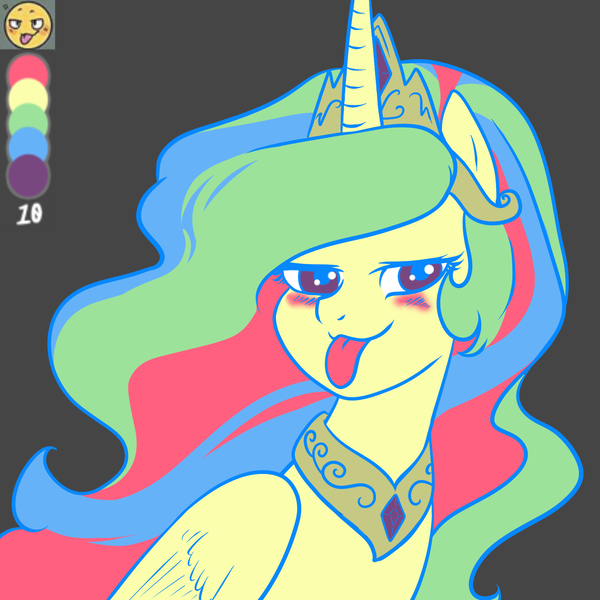 Size: 1500x1500 | Tagged: safe, artist:itsnotdaijoubu, derpibooru import, princess celestia, :p, bedroom eyes, blushing, limited palette, looking at you, smiling, solo, tongue out