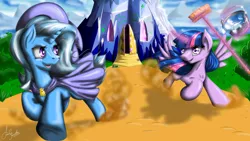 Size: 3840x2160 | Tagged: safe, artist:fairysearch, derpibooru import, trixie, twilight sparkle, twilight sparkle (alicorn), alicorn, pony, bucket, chase, female, graffiti, magic, mare, mop, running, spread wings, telekinesis, twilight's castle