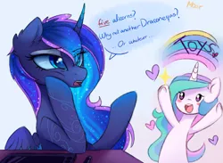 Size: 1600x1174 | Tagged: dead source, safe, artist:magnaluna, derpibooru import, princess celestia, princess luna, alicorn, pony, the crystalling, :o, blush sticker, blushing, buy our toys, chibi, cute, cutelestia, dialogue, duo, ethereal mane, female, frown, happy, heart, implied princess flurry heart, leaning, mare, open mouth, rainbow, royal sisters, sisters, smiling, starry mane, swirly markings, transparent mane, truth, unamused, underhoof, wacom tablet