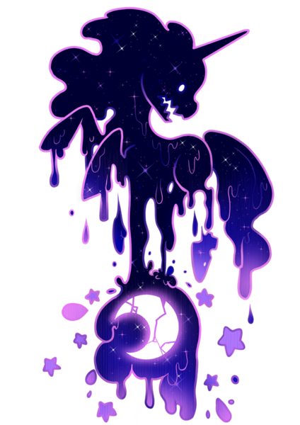 Size: 621x879 | Tagged: artist:theuselesstoe, crescent moon, cutie mark, derpibooru import, design, liquid, melting, moon, safe, shirt design, simple background, solo, stars, tantabus, transparent background, transparent moon