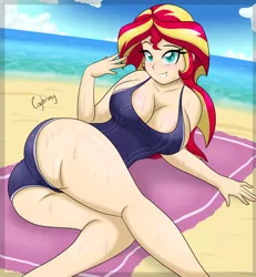 Size: 5542x5999 | Tagged: suggestive, artist:thebrokencog, derpibooru import, sunset shimmer, human, equestria girls, absurd resolution, adorasexy, anatomically incorrect, ass, beach, big breasts, bikini, blushing, breasts, bunset shimmer, busty sunset shimmer, cleavage, clothes, cute, female, humanized, looking at you, one-piece swimsuit, sexy, smiling, solo, solo female, sweat, swimsuit, wet