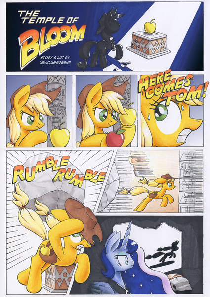 Size: 3490x4930 | Tagged: absurd resolution, apple, applejack, artist:xeviousgreenii, boulder, comic, comic:the temple of bloom, crepuscular rays, crossover, derpibooru import, food, indiana jones, parody, princess luna, raiders of the lost ark, running, saddle bag, safe, tom