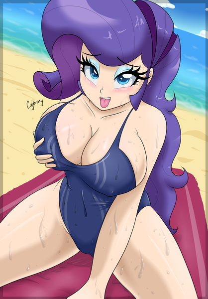 Size: 4542x6521 | Tagged: questionable, artist:thebrokencog, derpibooru import, rarity, human, absurd resolution, adorasexy, beach, beach towel, bedroom eyes, big breasts, bikini, blushing, breast grab, breasts, busty rarity, cameltoe, cleavage, clothes, cute, erect nipples, female, grope, humanized, looking at you, nipple outline, ocean, one-piece swimsuit, open mouth, sand, sexy, signature, sky, solo, solo female, stupid sexy rarity, swimsuit, tongue out, wet