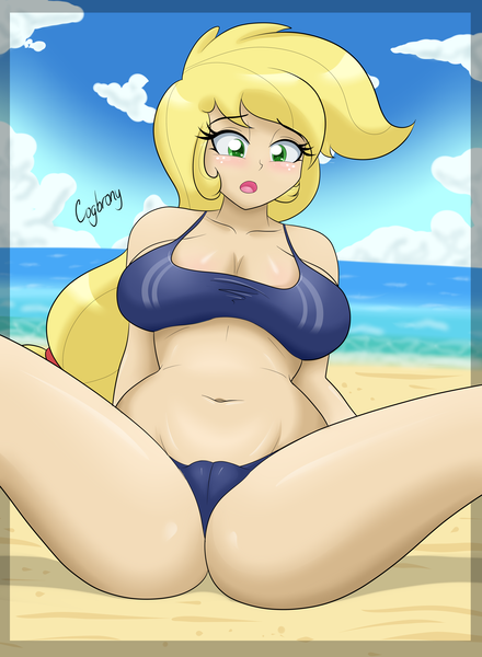 Size: 4147x5657 | Tagged: absurd resolution, applejack, artist:thebrokencog, big breasts, bikini, breasts, busty applejack, cameltoe, clothes, derpibooru import, female, human, humanized, questionable, solo, solo female, swimsuit