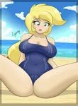 Size: 4147x5657 | Tagged: absurd resolution, applejack, artist:thebrokencog, big breasts, bikini, breasts, busty applejack, cameltoe, clothes, derpibooru import, female, huge breasts, human, humanized, one-piece swimsuit, questionable, solo, solo female, swimsuit