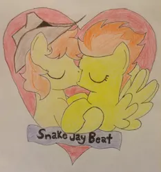 Size: 862x926 | Tagged: artist:kianudreamer, braeburn, crack shipping, derpibooru import, female, kissing, male, safe, shipping, spitburn, spitfire, straight, traditional art