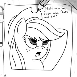 Size: 1000x1000 | Tagged: applejack, artist:spritepony, black and white, breaking the fourth wall, derpibooru import, drawing, grayscale, implied human, offscreen character, safe, solo