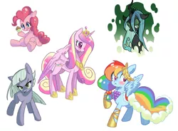 Size: 3400x2508 | Tagged: artist:ikirunosindo, clothes, derpibooru import, dress, gala dress, limestone pie, pinkie pie, princess cadance, queen chrysalis, rainbow dash, safe