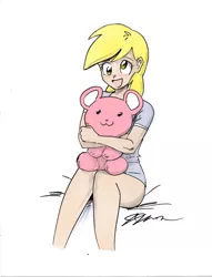 Size: 1280x1672 | Tagged: artist:ixalon, artist:johnjoseco, colored, color edit, derpibooru import, derpy hooves, edit, human, humanized, safe, sketch, solo, teddy bear