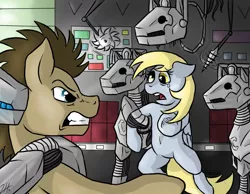 Size: 900x700 | Tagged: semi-grimdark, artist:shimazun, derpibooru import, derpy hooves, doctor whooves, time turner, ponified, cyberman, cyborg, pegasus, pony, crossover, doctor who, female, mare