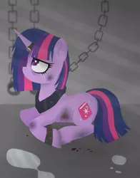 Size: 640x815 | Tagged: semi-grimdark, artist:unoriginai, derpibooru import, twilight sparkle, pony, unicorn, alternate character design, alternate character interpretation, alternate cutie mark, alternate universe, blood, bruised, cell, chained, chains, collar, cuffs, cut, cutie mark, dungeon, horn ring, implied abuse, insanity, magic suppression, manacles, prisoner, puddle, solo, story included, tally marks, unicorn twilight