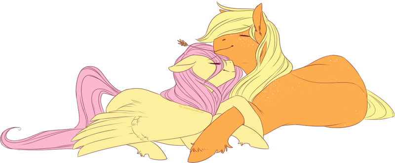 Size: 1280x530 | Tagged: applejack, appleshy, artist:the-chibster, derpibooru import, female, fluttershy, holding, lesbian, resting, safe, shipping, straw, unshorn fetlocks