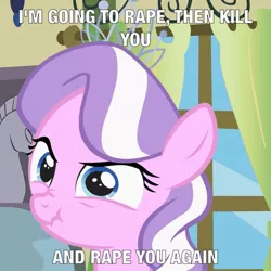 Size: 585x586 | Tagged: semi-grimdark, suggestive, derpibooru import, edit, edited screencap, screencap, diamond tiara, earth pony, pony, family appreciation day, caption, death threat, edgy, edgy as fuck, female, filly, image macro, implied necrophilia, implied rape, meme, ow the edge, rapeface, scrunchy face, threat