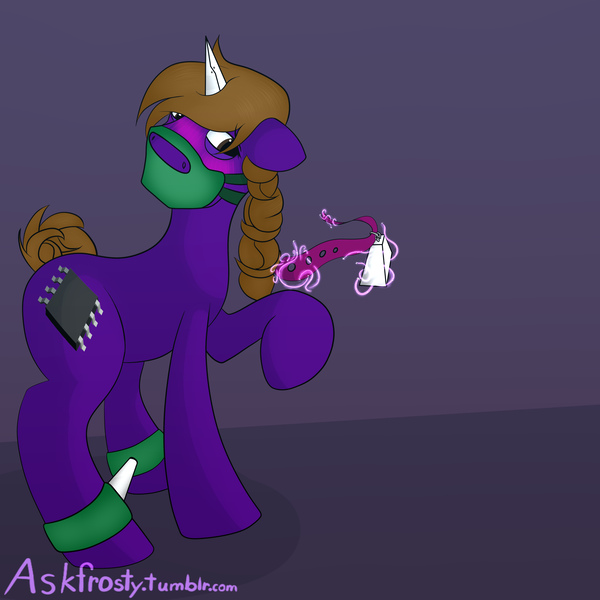 Size: 4000x4000 | Tagged: questionable, artist:frostyb, derpibooru import, part of a set, oc, oc:circuit breaker, unofficial characters only, comic:increasing livestock, absurd resolution, bell collar, blushing, bondage, clopfic in description, clopfic in source, collar, cowbell, futa, gag, herm, horn cap, intersex, magic, magic cowbell, magic suppression, muzzle gag, nudity, part of a series, raised leg, solo, solo futa, species swap, spreader bar, story included, telekinesis